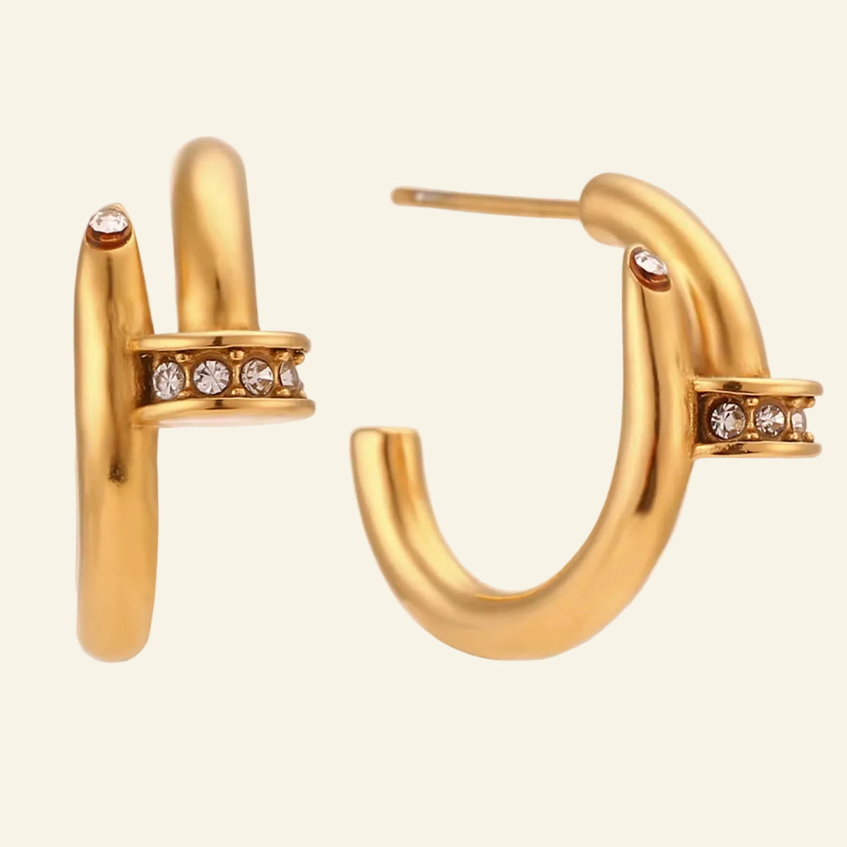 La. Muses Double C Splicing Rhinestone Nail Stainless Steel Earrings for Women Fashionable Luxury Waterproof Jewelry