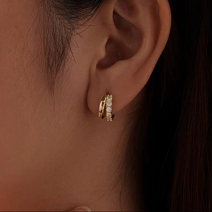 Double-Layer Moissanite Huggies Earrings for Women , 925 Sterling Silver 18K Gold Diamond Cut Sparkling Circle Earrings