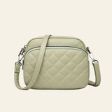 Diamond lattice pattern women's shoulder bag in light green PU leather with adjustable strap and front zipper pocket