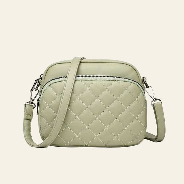 Diamond lattice pattern women's shoulder bag in light green PU leather with adjustable strap and front zipper pocket