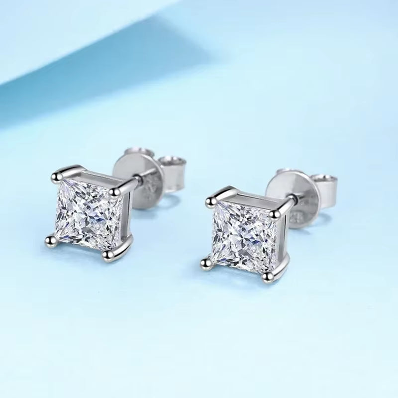 1Ct 2Ct Princess Cut Moissanite Earrings S925 Sterling Silver Plated with White Gold Plated Ear Studs for Women Jewelry