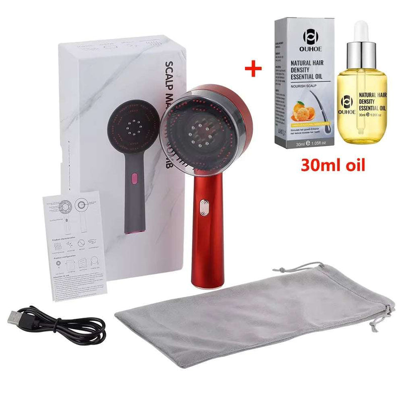 Hair growth massage comb with red light therapy, essential oil, USB charging cable, and storage pouch set for scalp and hair care.