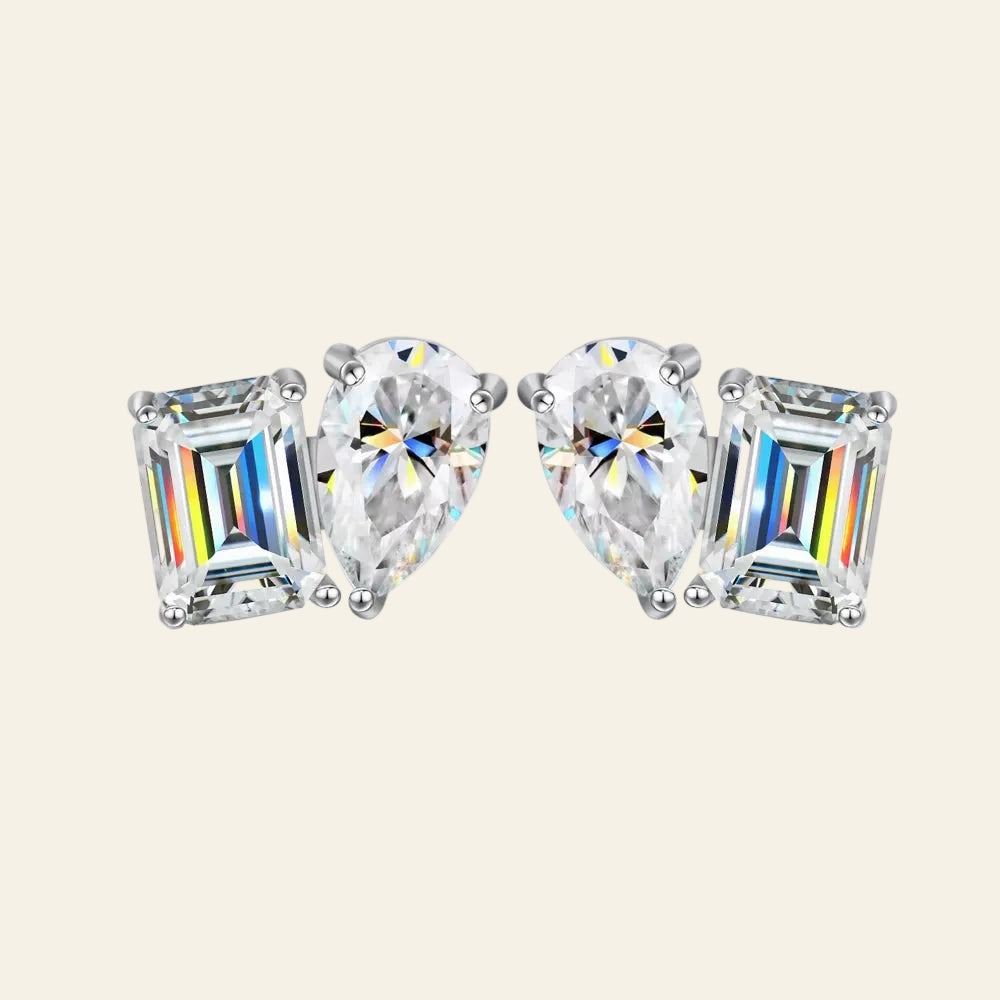 4CTTW Pear & Emerald Cut Moissanite Stud Earrings for Women 925 Sterling Silver Two Stone Ear Studs Party Wedding Jewelry Gift
