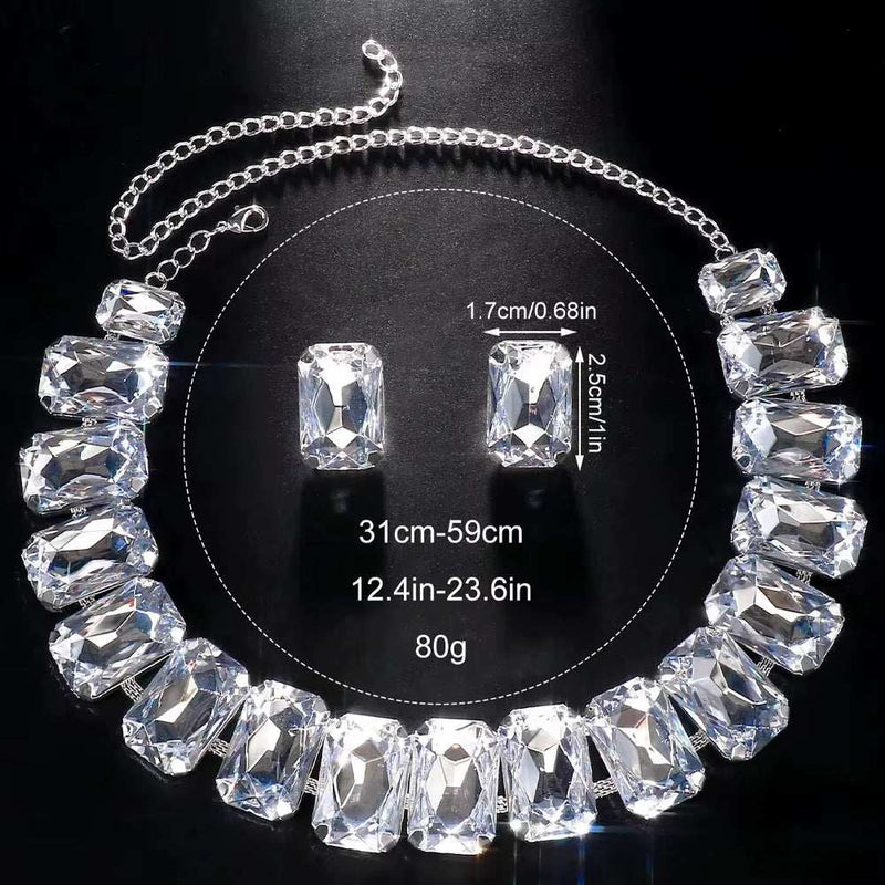 Stonefans bride crystal necklace and earrings set with large rectangular clear crystals and adjustable silver chain