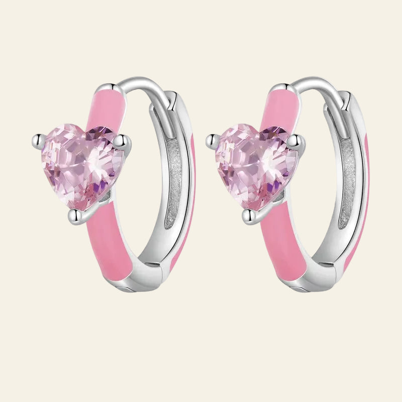 Real 925 Sterling Silver Pink Heart Zircon Hoop Earrings Lovely Cindy Color Oil Printed Ear Clips Earring Girl Party Gift