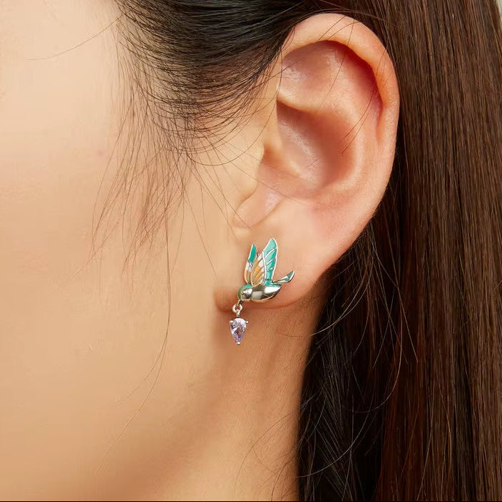 925 Sterling Silver Exqusite Kingfisher Stud Earrings for Women Colored Bird Ear Studs Trendy Gift Fine Jewelry BSE690