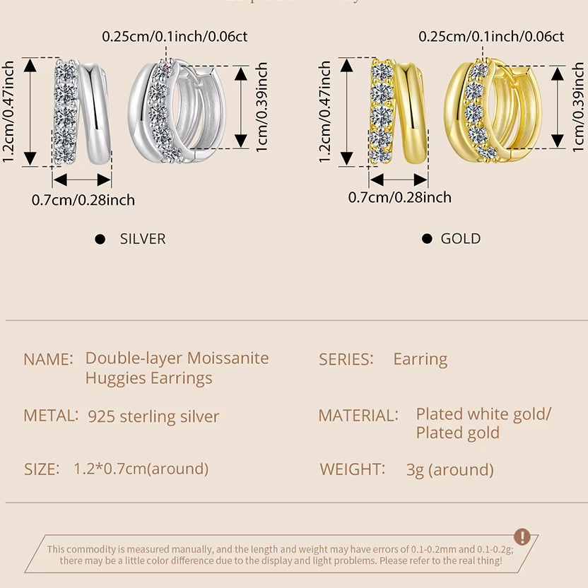 Double-Layer Moissanite Huggies Earrings for Women , 925 Sterling Silver 18K Gold Diamond Cut Sparkling Circle Earrings