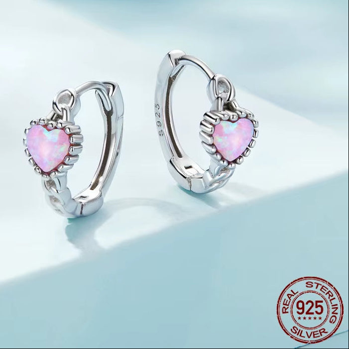 925 Sterling Silver Classical Heart Shape Pink Opal Hoop Earrings Bear Clover Studs Buckles with CZ Wedding Women Jewelry