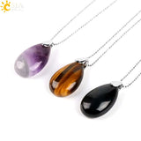 CSJA Natural Gem Stone Pendant Water Drop Necklaces Pendants Tiger Eye Lapis Lazuli Clear Crystal Opal Healing Jewellery E526