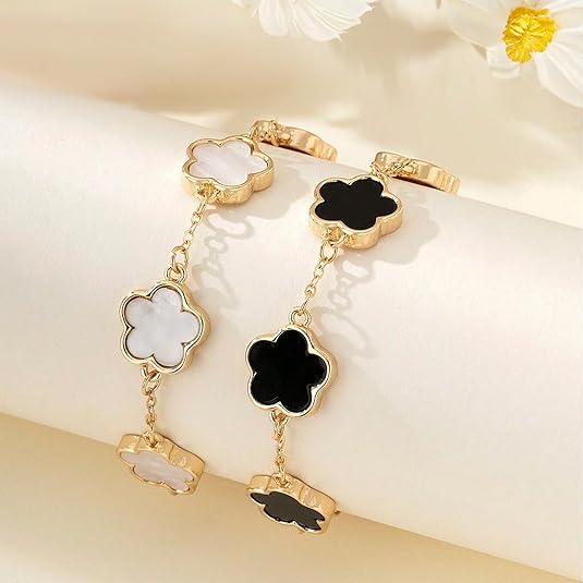 2-Piece Floral Bracelet Set for Women, Elegant Flower Chain Link Design, Timeless Jewelry for Everyday and Special Occasions