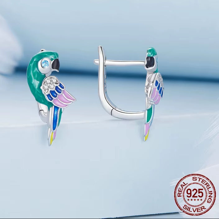 925 Sterling Silver Clolorful Enamel Parrot Ear Buckles Bird Hoop Earrings for Women Platinum Plated Fine Jewelry