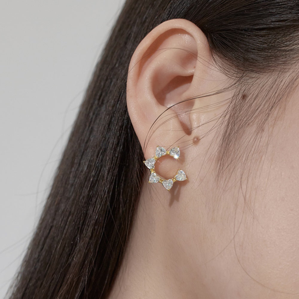 S925 Sterling Silver White Heart-Shaped Gang Drill Inlaid SUNFLOWER Ring Fashion Design Earrings