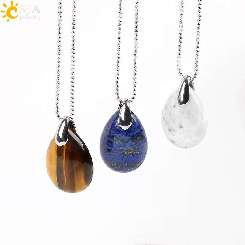 CSJA Natural Gem Stone Pendant Water Drop Necklaces Pendants Tiger Eye Lapis Lazuli Clear Crystal Opal Healing Jewellery E526