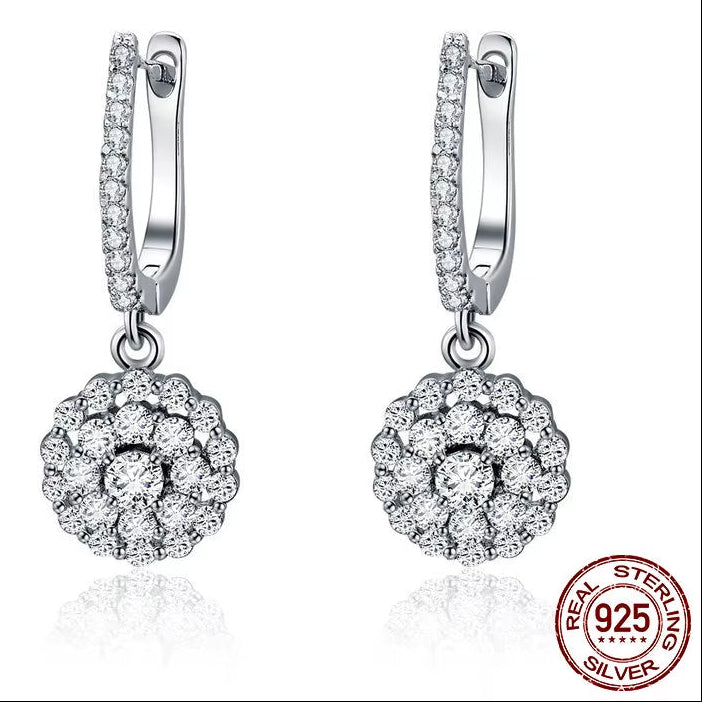 Authentic 925 Sterling Silver Shining Cubic Zircon round Circle Drop Earrings for Women Wedding Engagement Jewelry SCE517