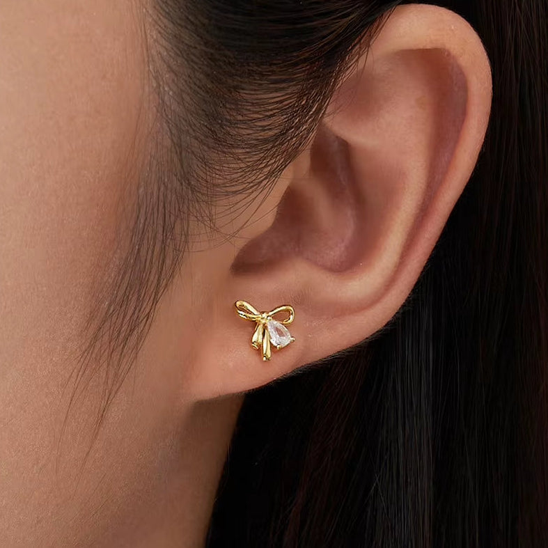 925 Silver Romantic Bowknot Stud Earring with Shiny Zircon Pendant for Women Girls Banquet Party Gift Jewelry SE409