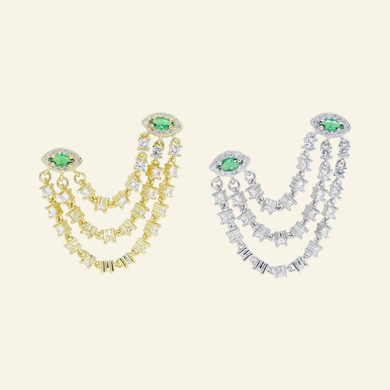 Double Piercing CZ Tassel Chain Earring for Women Fashion Green Evil Eye Two Stud Elegant Female Jewelry
