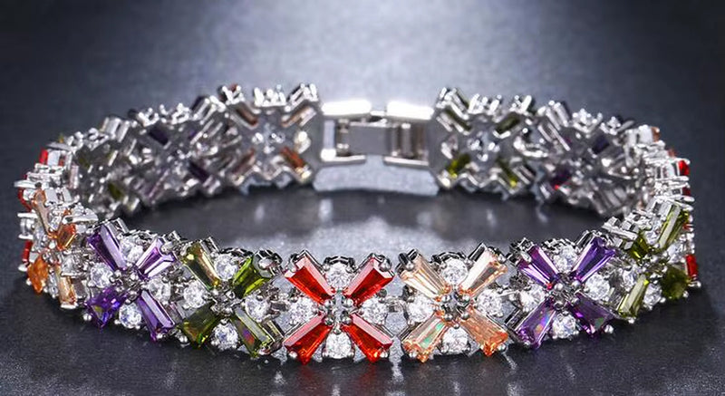 Luxury silver bracelet with multicolored crystal flower charms for women