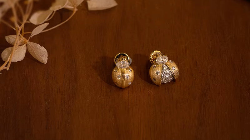 925 Silver 18K Gold Brushed Cubic Zirconia Insect Ladybug AB Asymmetric Stud Earrings Women Cute Dainty Trendy Small Earring