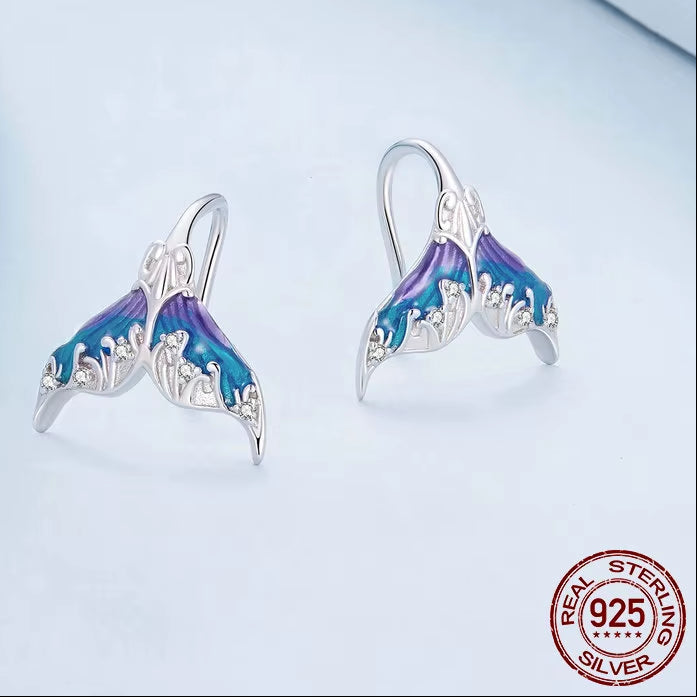 925 Sterling Silver Fantasy Mermaid Tail Earrings Blue Enamel Earrings for Women Party Fine Jewelry Gift