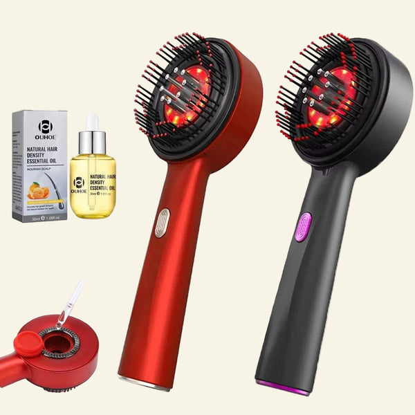 Hair growth massage combs with red light therapy and essential oil for scalp care and hair nourishment in red and black colors