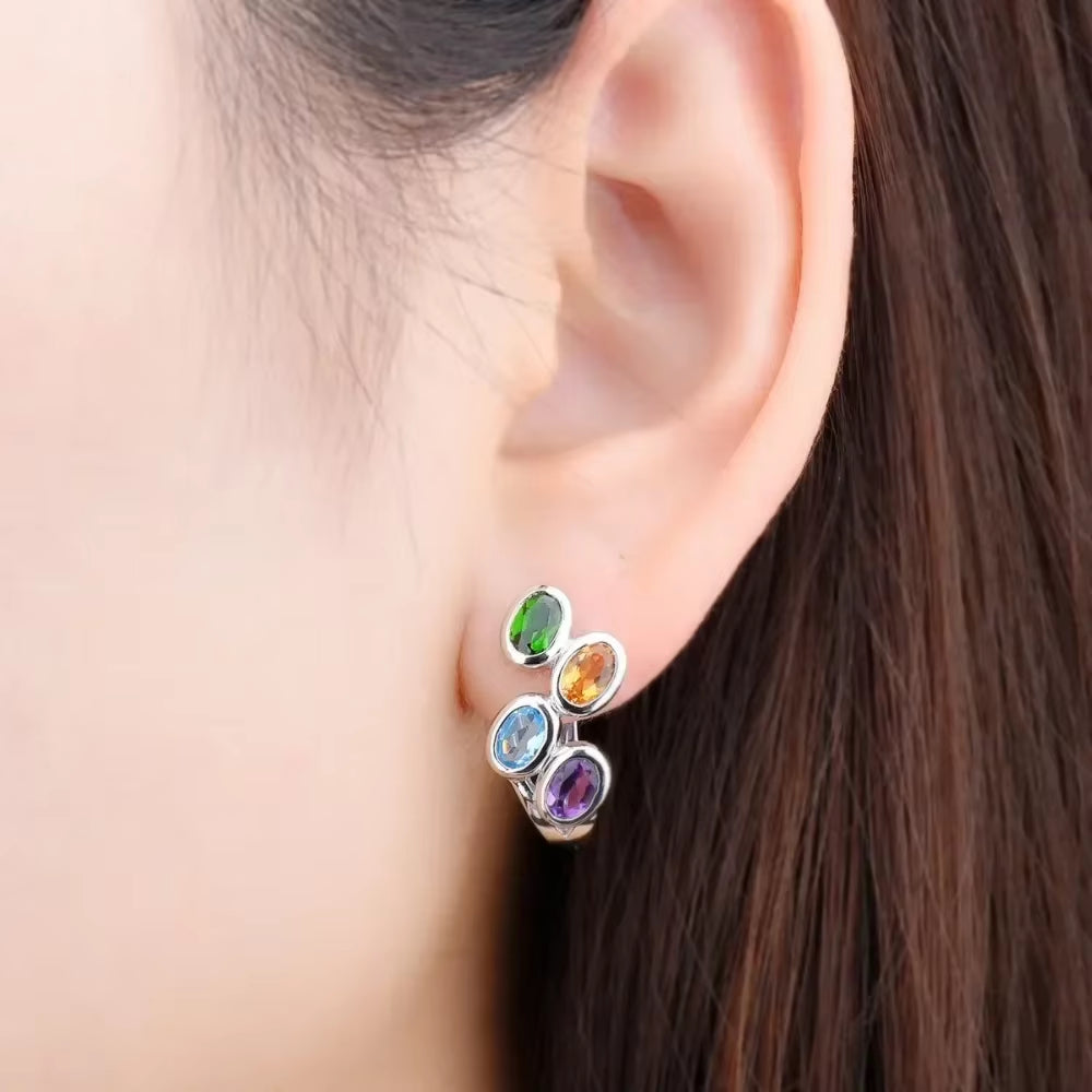 Hutang Colorful Gemstone Hoop Earrings 925 Sterling Silver Blue Zircon Topaz English Lock Jewelry for Women Earrings