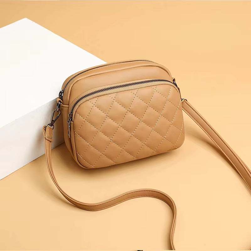 Diamond lattice pattern tan PU leather women's shoulder crossbody bag with zipper compartments