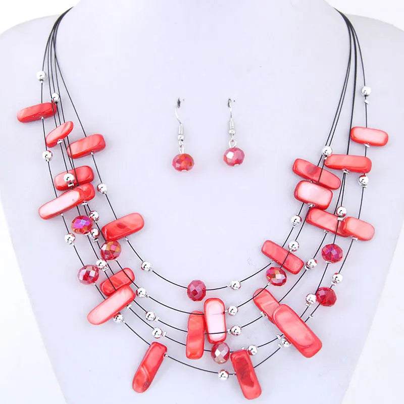Women Bohemian African beads multilayer necklace and matching earrings jewelry set