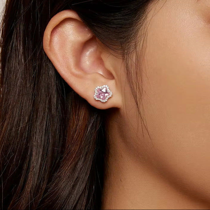 925 Sterling Silver Cute Small Flower Stud Earrings Pink Cherry Blossoms Earrings for Women Birthday Jewelry Gift