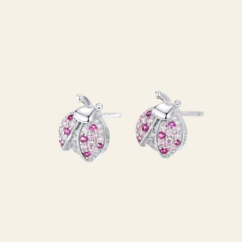 Pink Romantic Laybug Stud Earrings for Women 925 Sterling Silver Tiny Earrings for Girl Gfits Original Design SCE715