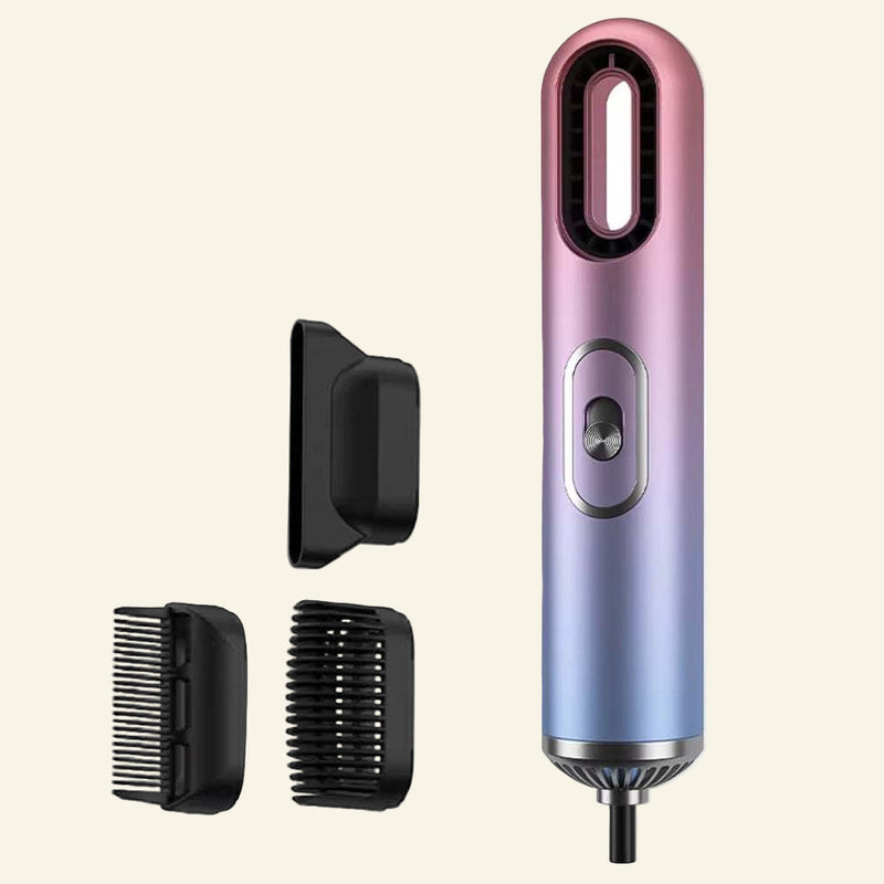 3 in 1 Dryer with strong airflow, negative ion hair care, intelligent temperature control, and three styling nozzles in pink and blue gradient design