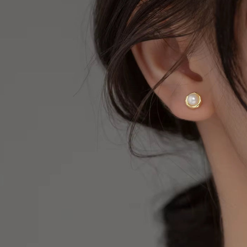 Real 925 Sterling Silver round Pearl Stud Earrings for Fashion Women Classic Fine Jewelry Minimalist Geometric Bijoux