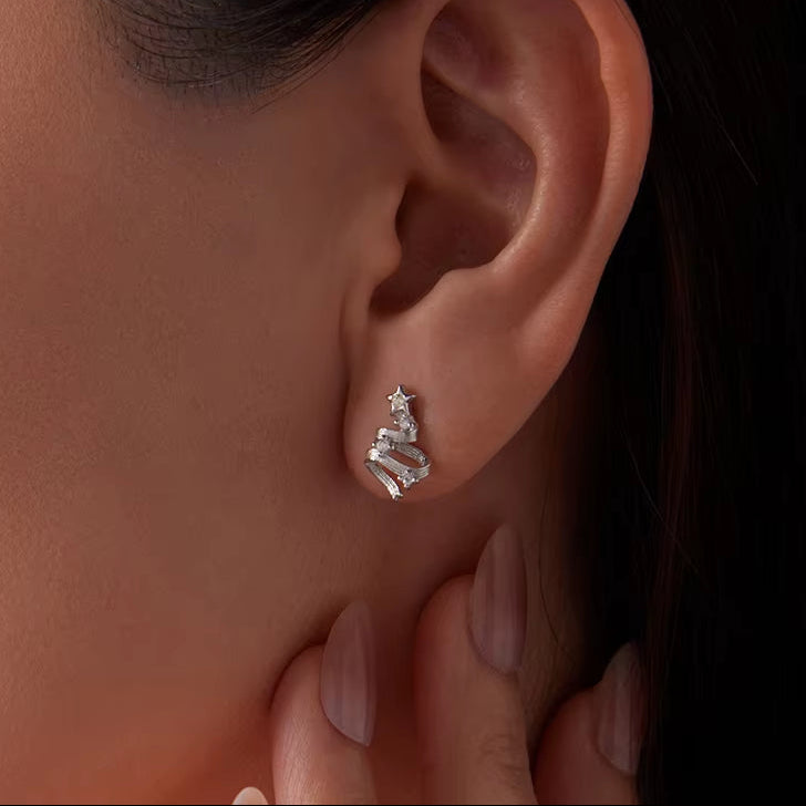 Solid 925 Silver Christmas Tree Star Stud Earrings for Women, AAA Cubic Zirconia Bar Studs Luxury New Year Jewelry Gift