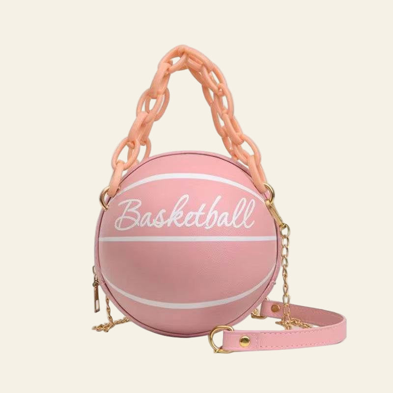 Pink basketball-shaped ball purse for teenagers with acrylic chain and PU leather material