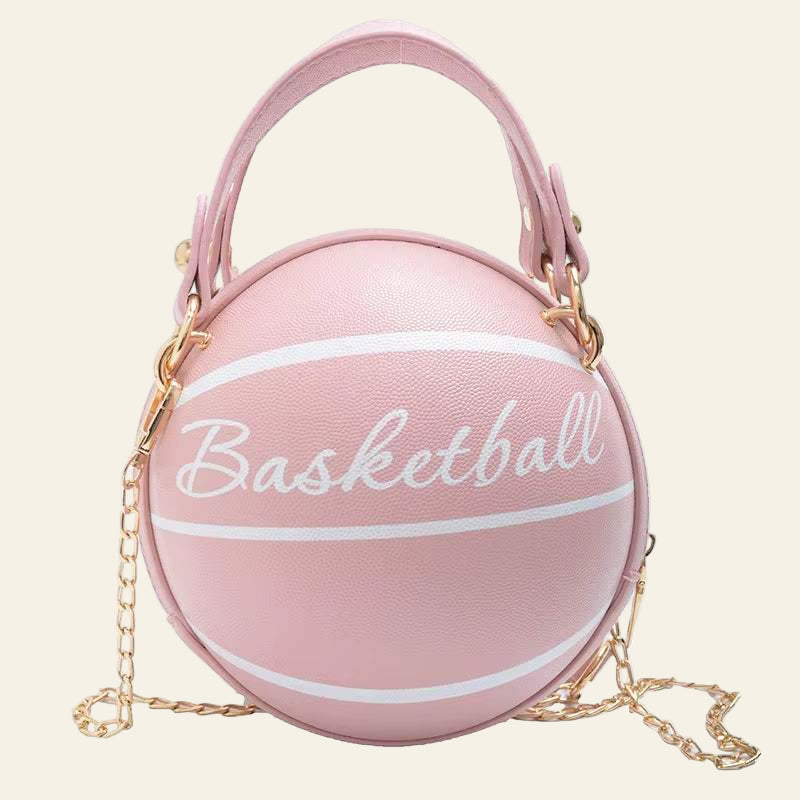 Pink basketball-shaped ball purse for teenagers with gold chain strap and top handle