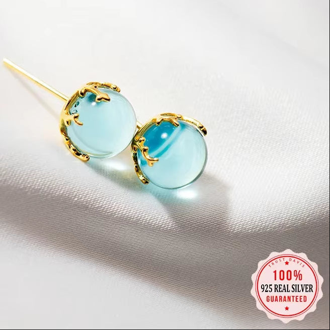 Real 925 Sterling Silver Earring Fashion round Blue Crystal Stud Earrings for Women Wedding Mother'S Day Gift DA2973