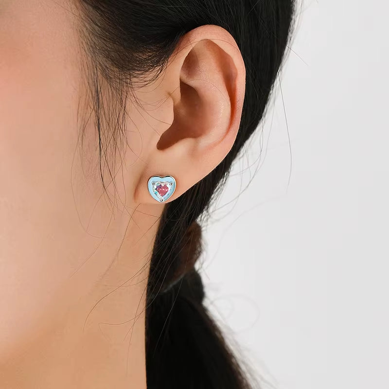925 Sterling Silver Romantic Blue Enamel Hearts Ear Studs Rainbow Color Zirconia Stud Earrings for Women Wedding Jewelry