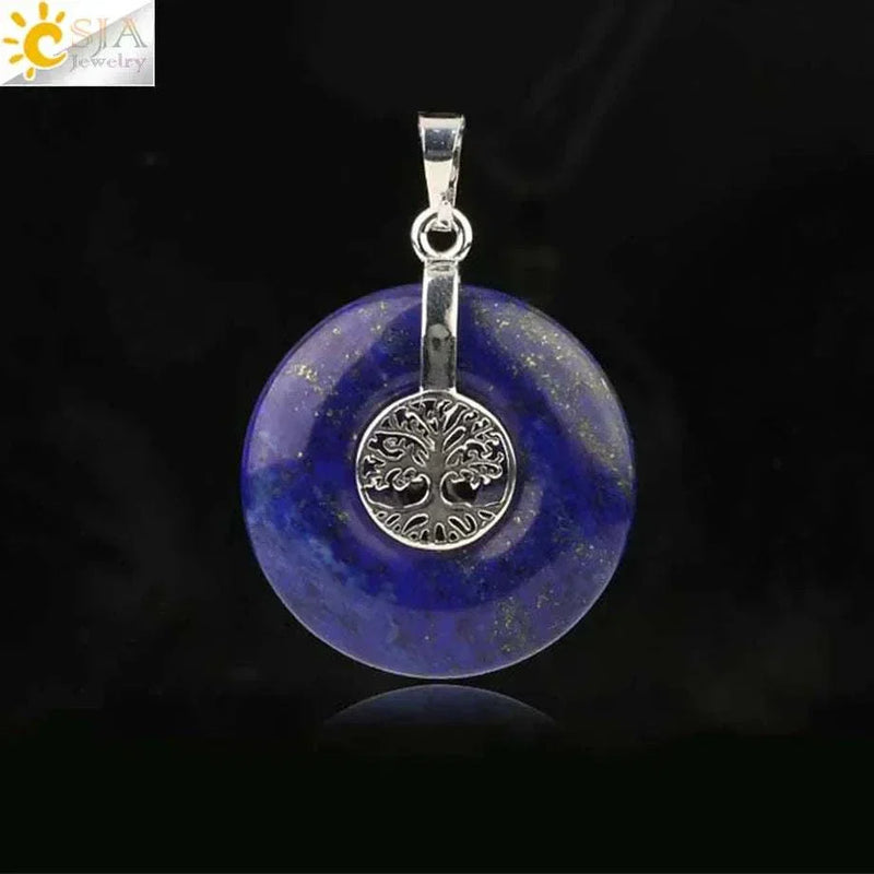 CSJA Tree of Life Charms Pendant Natural Crystal Hollow round Reiki Stone Energy Wisdom Trees Women Men Pendants Necklaces G146