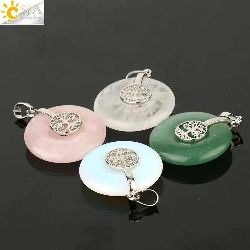 CSJA Tree of Life Charms Pendant Natural Crystal Hollow round Reiki Stone Energy Wisdom Trees Women Men Pendants Necklaces G146