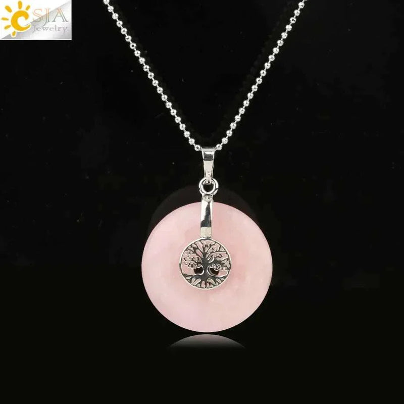 CSJA Tree of Life Charms Pendant Natural Crystal Hollow round Reiki Stone Energy Wisdom Trees Women Men Pendants Necklaces G146