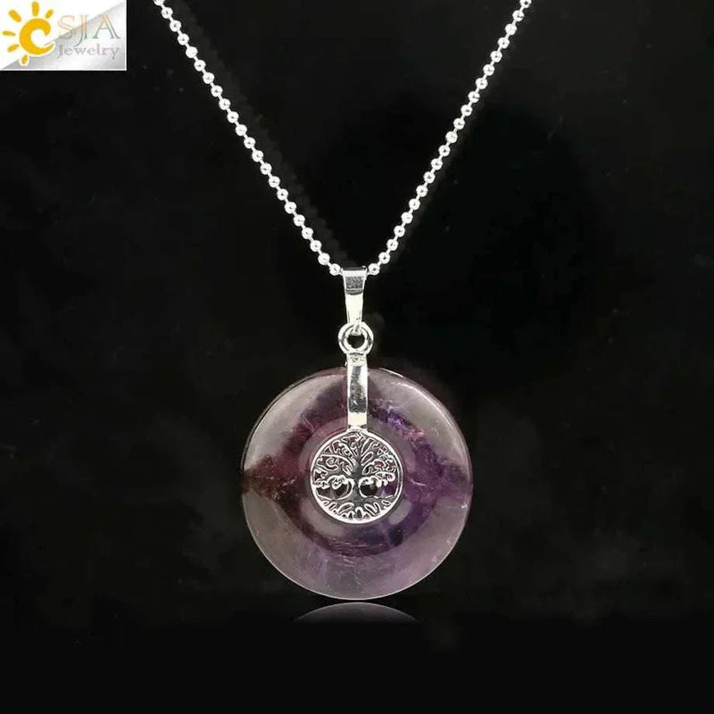 CSJA Tree of Life Charms Pendant Natural Crystal Hollow round Reiki Stone Energy Wisdom Trees Women Men Pendants Necklaces G146
