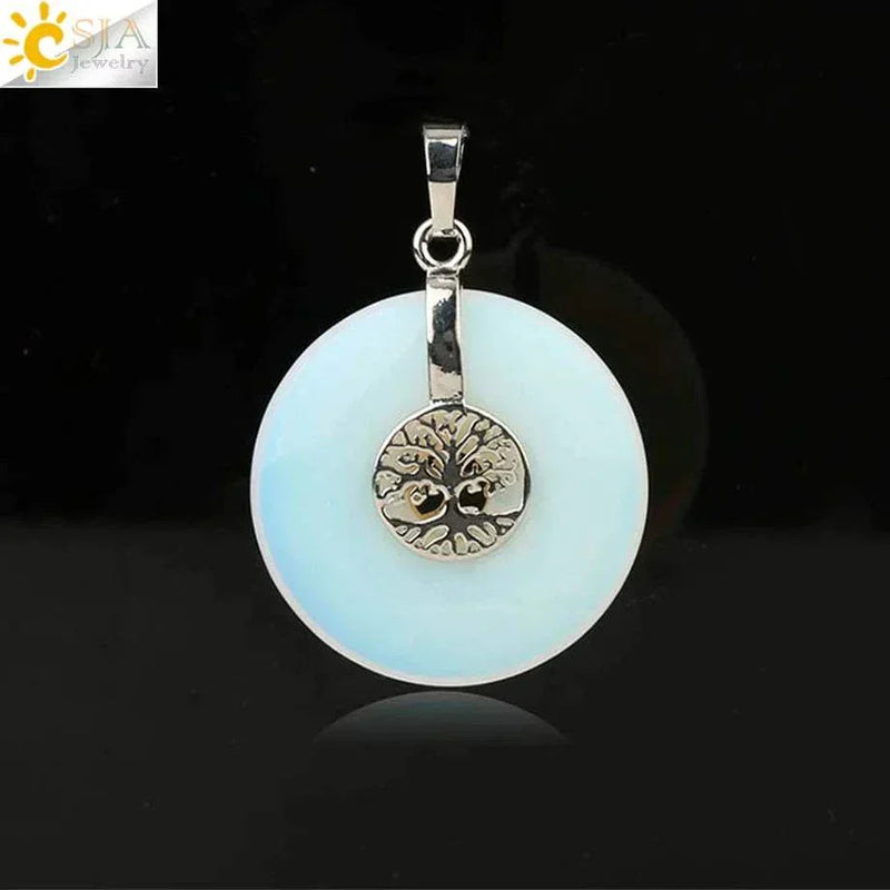 CSJA Tree of Life Charms Pendant Natural Crystal Hollow round Reiki Stone Energy Wisdom Trees Women Men Pendants Necklaces G146