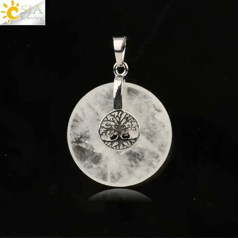 CSJA Tree of Life Charms Pendant Natural Crystal Hollow round Reiki Stone Energy Wisdom Trees Women Men Pendants Necklaces G146