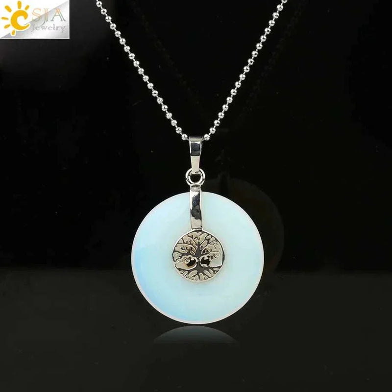 CSJA Tree of Life Charms Pendant Natural Crystal Hollow round Reiki Stone Energy Wisdom Trees Women Men Pendants Necklaces G146
