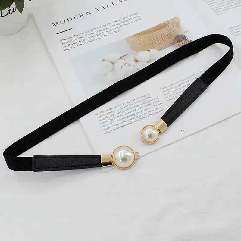 Creative Pearl Buckle Belt PU Leather Dress Skirt Waist Elastic Thin Women Belts Ladies Waistband