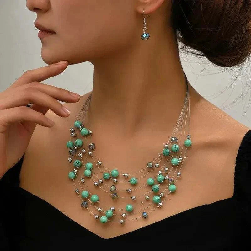 Kymyad Ethnic Necklace Earrings Set for Women Simulated Pearl Crystal Jewelry Sets Multilayer Choker Necklace Women Jewelry Set