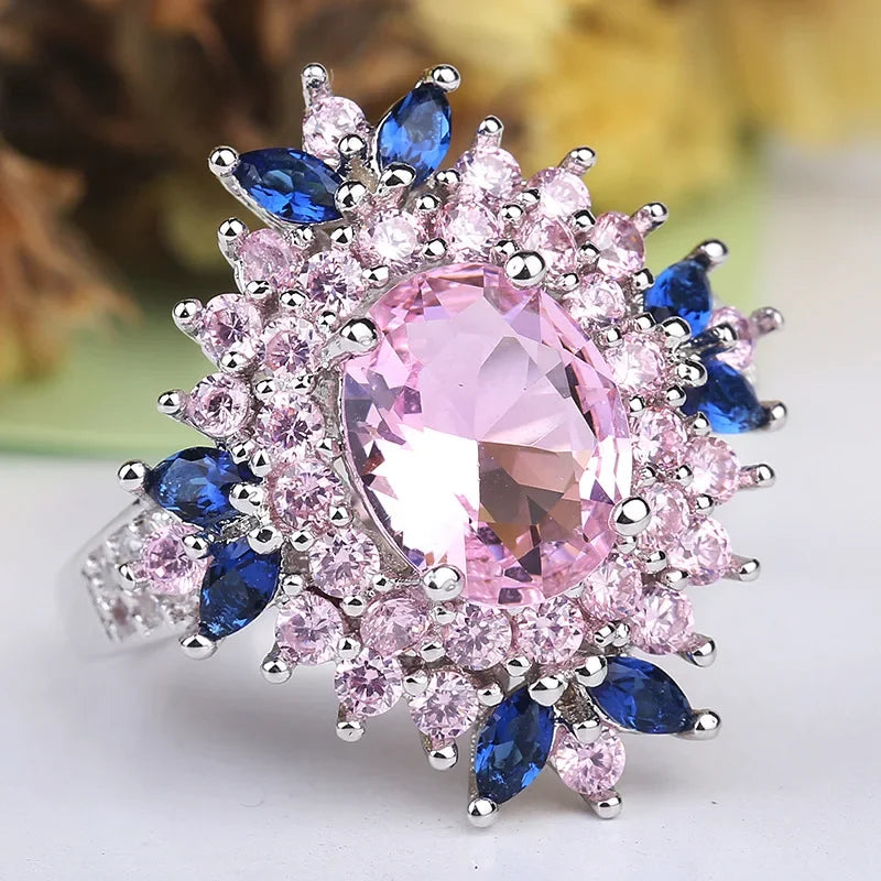925 sterling silver ring with pink and blue gemstones, elegant women's jewelry, engagement wedding ring