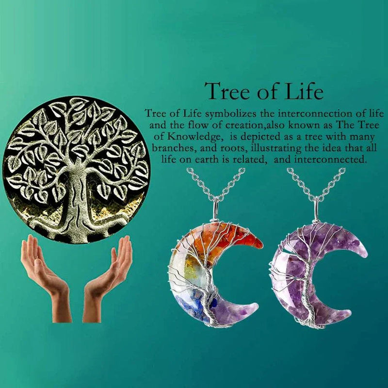 7 Chakras Tree of Life Necklace Wire Wrap Crescent Moons Crystal Pendants Chip Quartz Natural Stone Resin Stainless Steel G931