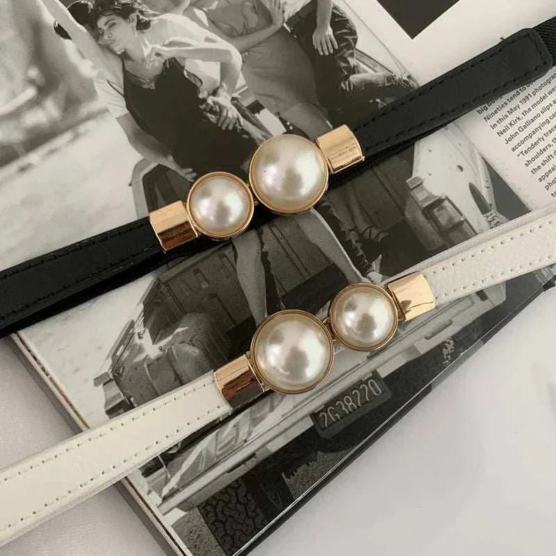 Elegant Double Pearls Buckle Elastic Women Belts Thin Straps Lady Girl Dress Skirt Decor Waistbands Trouser Decoration GM113