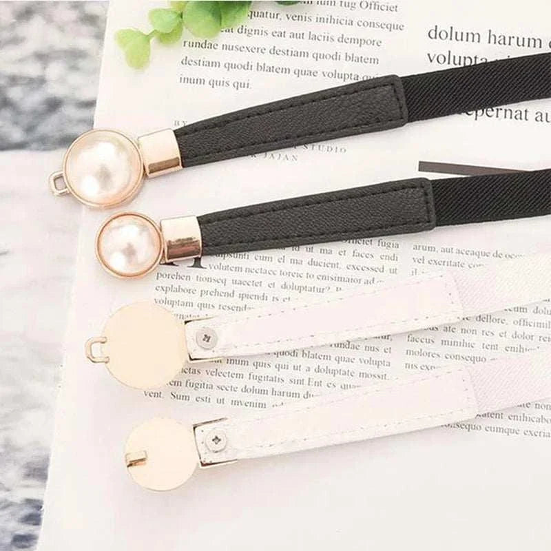 Creative Pearl Buckle Belt PU Leather Dress Skirt Waist Elastic Thin Women Belts Ladies Waistband