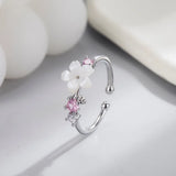 Silver open pink romantic flower ring with white petals and zircon stones